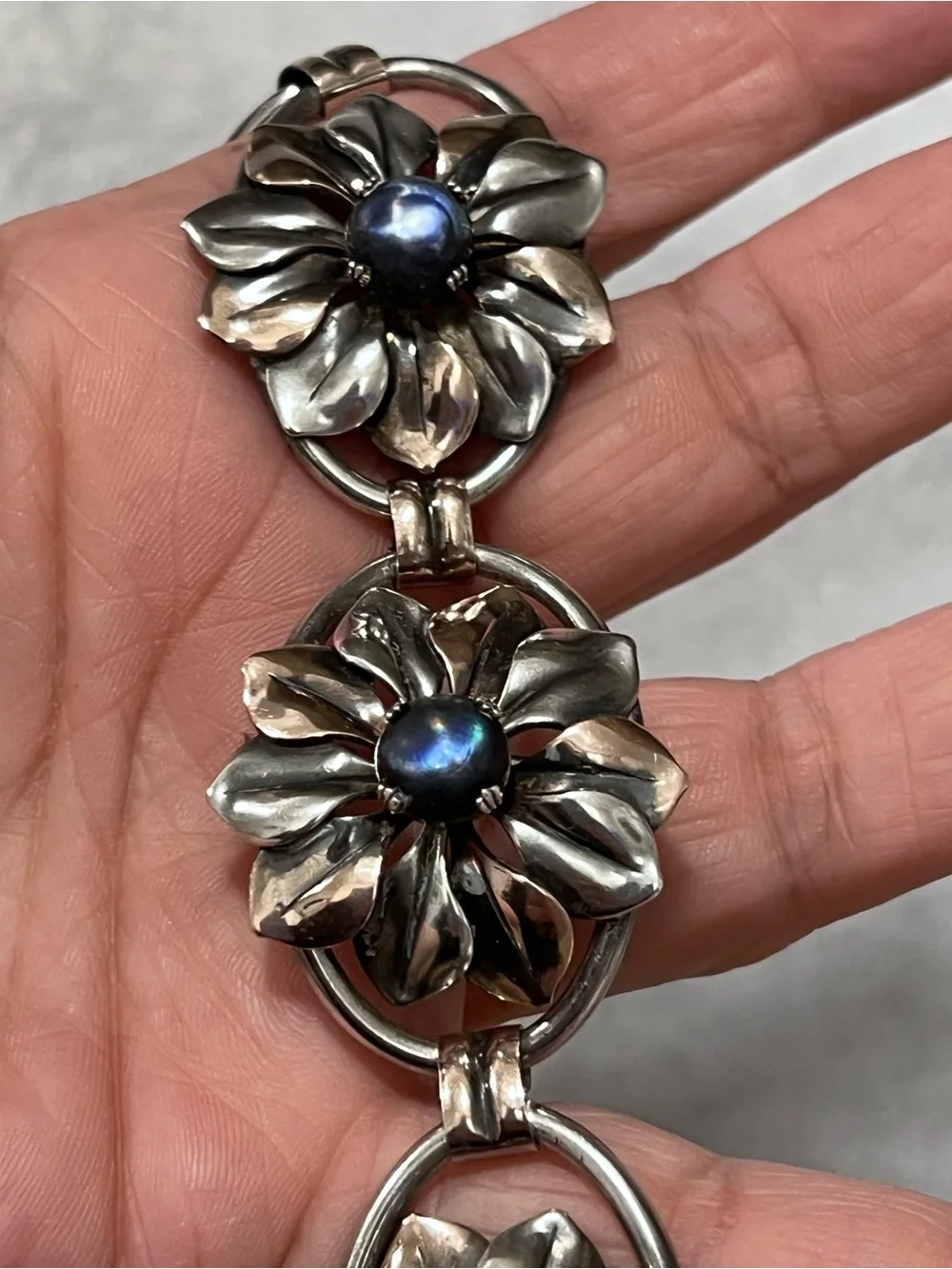 Vintage Kreisler Sterling Silver & Blue Stone Flower Link Bracelet